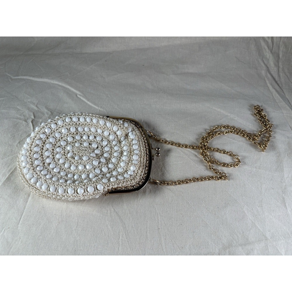 VTG Bobbie Jerome Purse White Crochet Beaded Evening Handbag Boho Made in Italy - Picture 6 of 10
